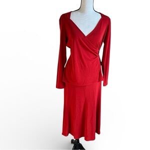 Talbots Petite Red Knit Skirt Set Wrap Top Long Sleeve Size 2 Made in Korea